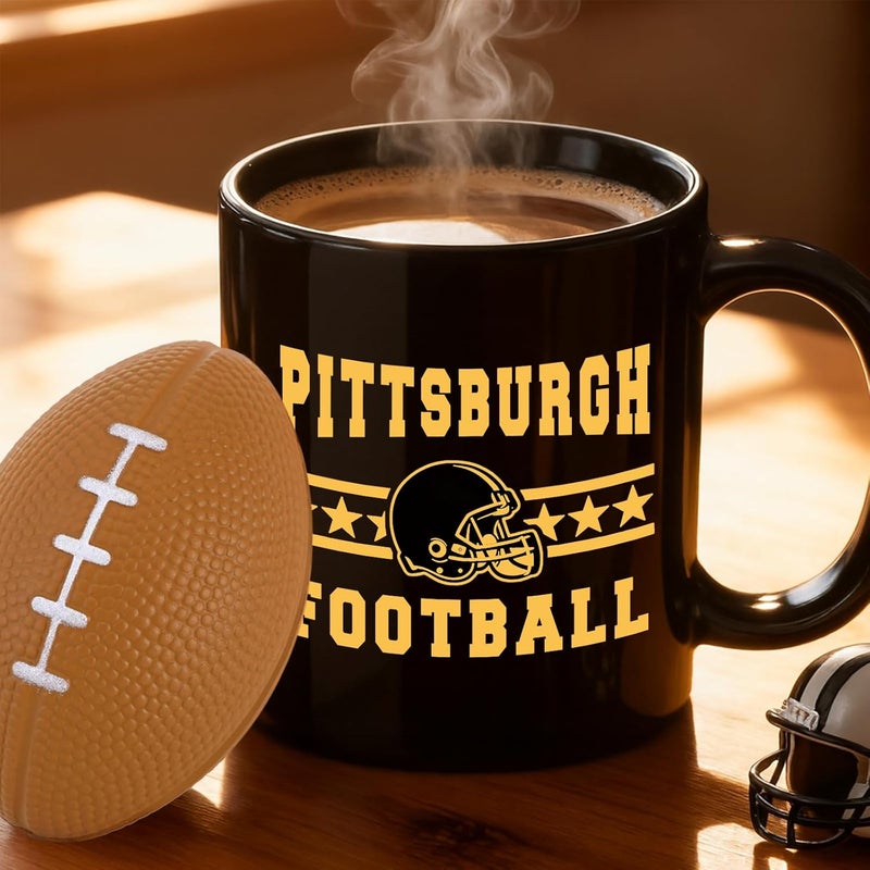 Kiraddle 2 in 1 Football Fan Ceramic Coffee Mug Cup Pittsburgh City Themed Merch Shop Men Women Sport Stuff Gear Apparel Steelers Team Desk Decor Accessorie Dad Boyfriend Unique Cool Bf Birthday Christmas Gift - Image 1